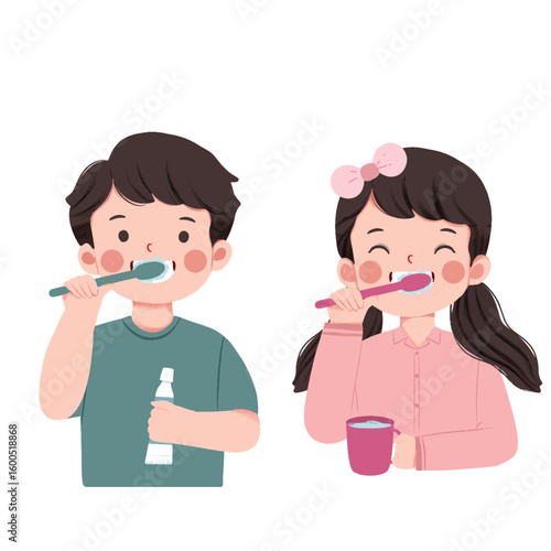 cute illustration of a boy and girl brushing their teeth