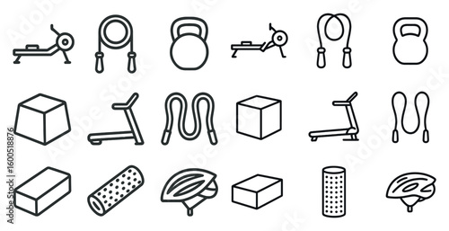Fitness and workout outline icons set – silhouette, exercise, training equipment symbols