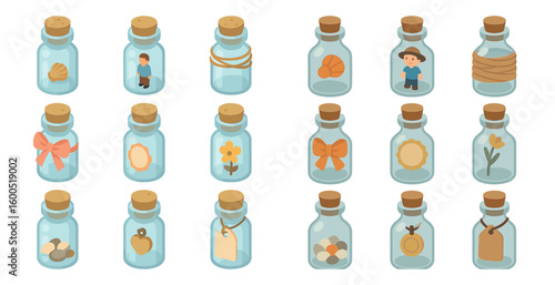 Miniature figurine isometric icons set – tiny, collectible, bottle art symbols