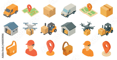 Delivery and logistics isometric icons set – 3d, shipping, transport symbols