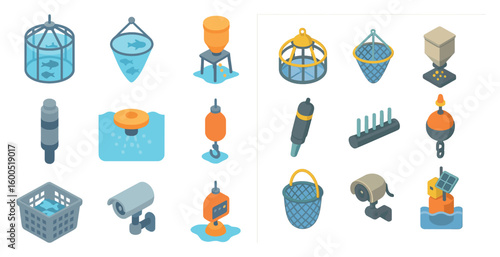 Aquaculture and fishing isometric icons set – marine, seafood, sustainable graphics