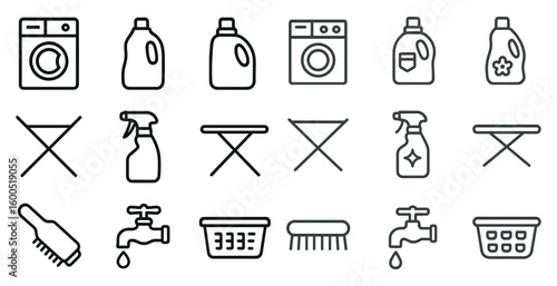 Household cleaning icons set – outline, line, everyday chores and cleaning tools