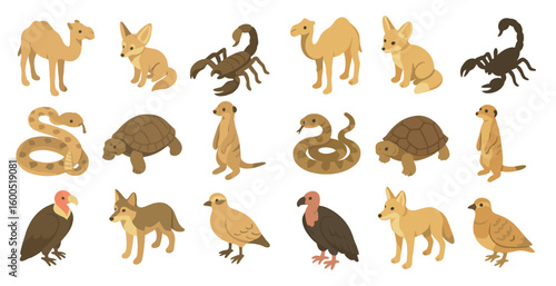 Desert animals icon set – flat, outlined, wildlife and nature symbols