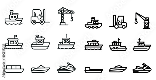 Marine and transportation line icons set – outline, nautical, vehicle symbols