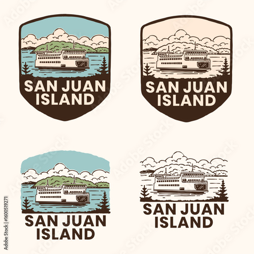 San Juan Island Ferry Badge - Hand Drawn Vintage Travel Illustration
