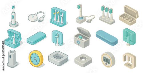 Electric toothbrush isometric icons set – 3d, dental hygiene, oral care visuals