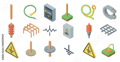 Electrical safety isometric icons set – energy, protection, hazard awareness symbols