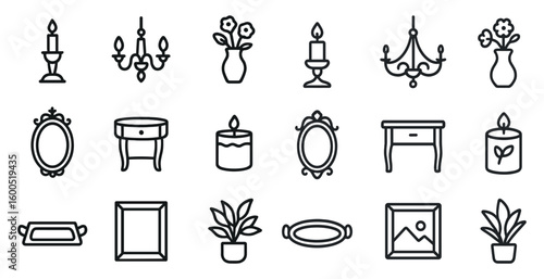 Home decor outline icons set – line, linear, furnishing and interior design symbols