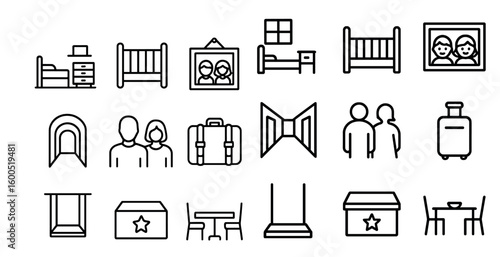 Family and travel outline icons set – linear, minimalist, home and vacation symbols