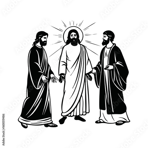 Transfiguration of the Lord Jesus, Mission in radiance, Elijah and Moses side by side, black outline