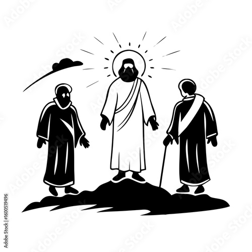 Transfiguration of the Lord Jesus, Mission in radiance, Elijah and Moses side by side, black outline