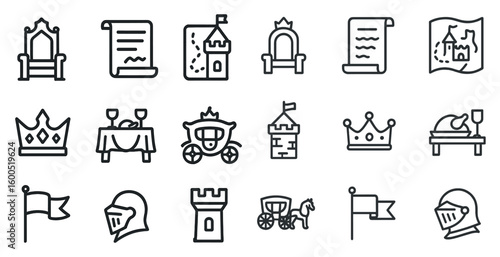 Medieval outline icons set – flat, linear, ancient and historical symbols
