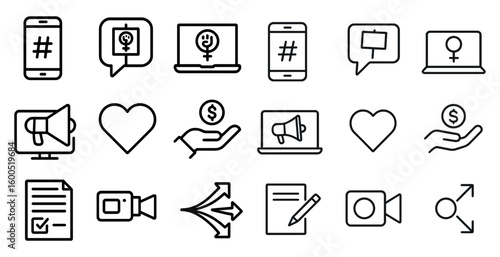 Feminism and equality outline icons set – linear, line, activism symbols