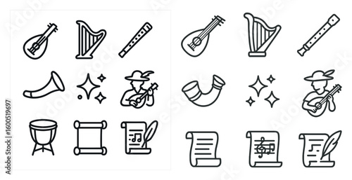 Medieval music outline icons set – linear, instruments, ancient melody symbols
