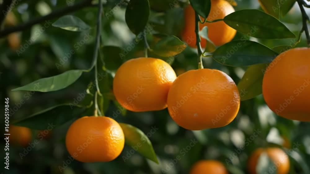 Bright orange fruits hang amidst green leaves suggesting an orchard or garden scene