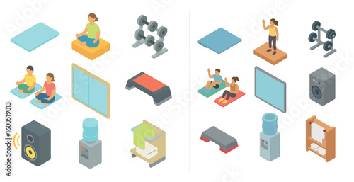 Fitness and gym isometric icons set – workout, exercise, health symbols