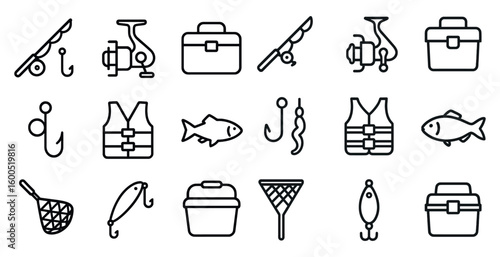 Fishing outline icons set – marine, aquatic, outdoor adventure graphics