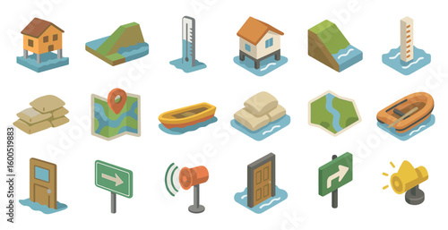 Flood emergency isometric icons set – 3d natural disaster, rescue, and safety symbols