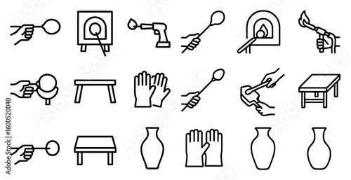Glass blowing linear icons set – outline, craft, artisanal design symbols