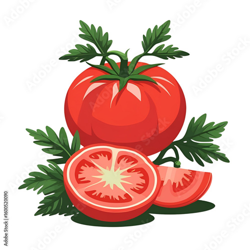 Fresh tomato illustration with slices and leaves on white background