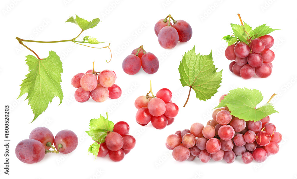 Obraz premium Fresh red grapes and green leaves on white background, collection
