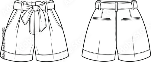 Fashionable women’s high waist shorts with belt detail, front and back view, technical garment sketch, cad flat vector illustration