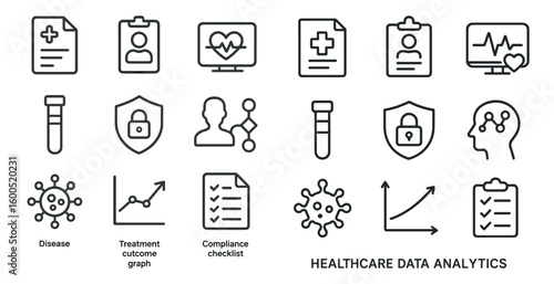Healthcare analytics line icons set – medical, data, health technology symbols