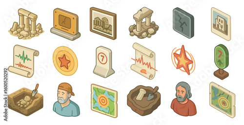 Archaeology icons set – isometric, excavation, history and ancient relic symbols