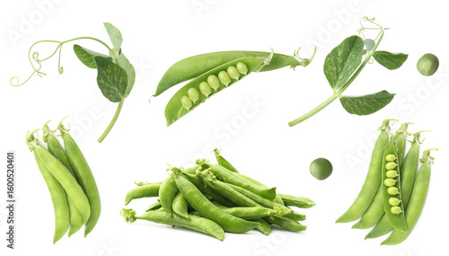 Fresh green peas and pods isolated on white, set