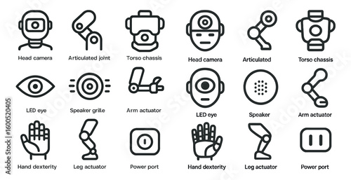 Robot technology outline icons set – solid, filled, ai and automation symbols