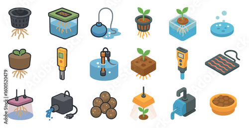 Hydroponics flat icons set – gardening, plant growth, indoor farming symbols