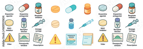 Pharmacology flat icons set – medical, health symbols for drug interaction