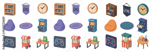 Game room isometric icons set – pixel art, arcade, gaming room design elements