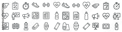 Fitness and health linear icons set – outline, wellness, exercise and training symbols