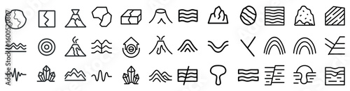 Geography outline icons set – silhouette, map and landscape symbols for design