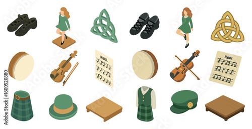 Irish dance isometric icons set – 3d, music, traditional culture symbols