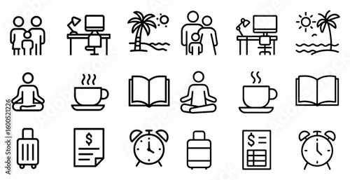 Family activities outline icons set – flat, linear, leisure and relaxation symbols