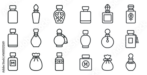 Perfume bottle outline icons set – linear, silhouette, fragrance and scent symbols