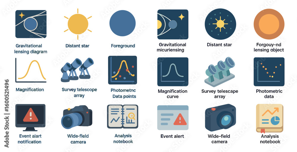 Fototapeta premium Astronomy and science icons set – filled, linear, space study visuals