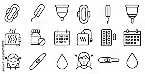 Feminine hygiene outline icons set – period care, menstrual, sanitary essentials
