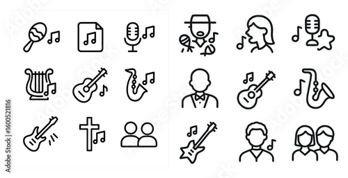 Music and performance line icons set – flat, filled, band and orchestra symbols
