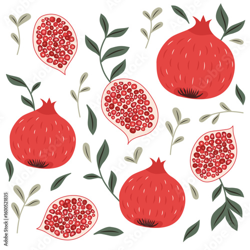 Pomegranates pattern with green leaves green branches vector illustration with a transparent background	