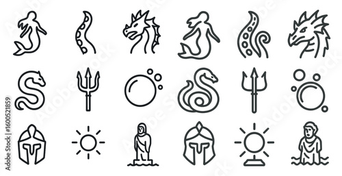 Mythical creatures outline icons set – vector, line, fantasy and legend symbols