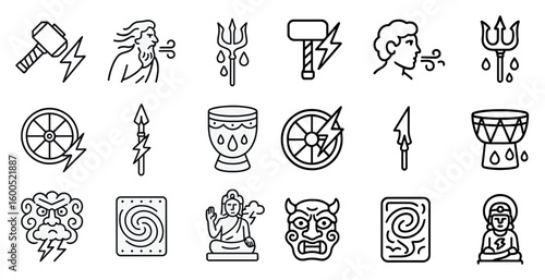 Mythological gods outline icons set – ancient, divine, deity symbols