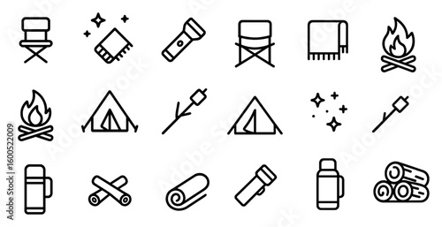 Camping essentials outline icons set – linear, outdoor, adventure gear symbols