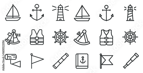 Nautical and maritime line icons set – navigation, sailing, marine symbols collection