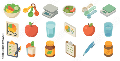 Nutrition and health isometric icons set – food, wellness, diet graphics
