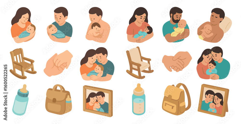 Fototapeta premium Family bonding icons set in isometric style – parenting, relationship, togetherness