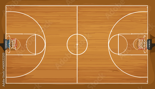 Basketball Court Layout – Indoor Wooden Floor with Hoops and Lines – Flat Vector Design