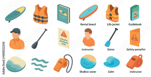 Water sports isometric icons set – board, safety, aquatic activity symbols